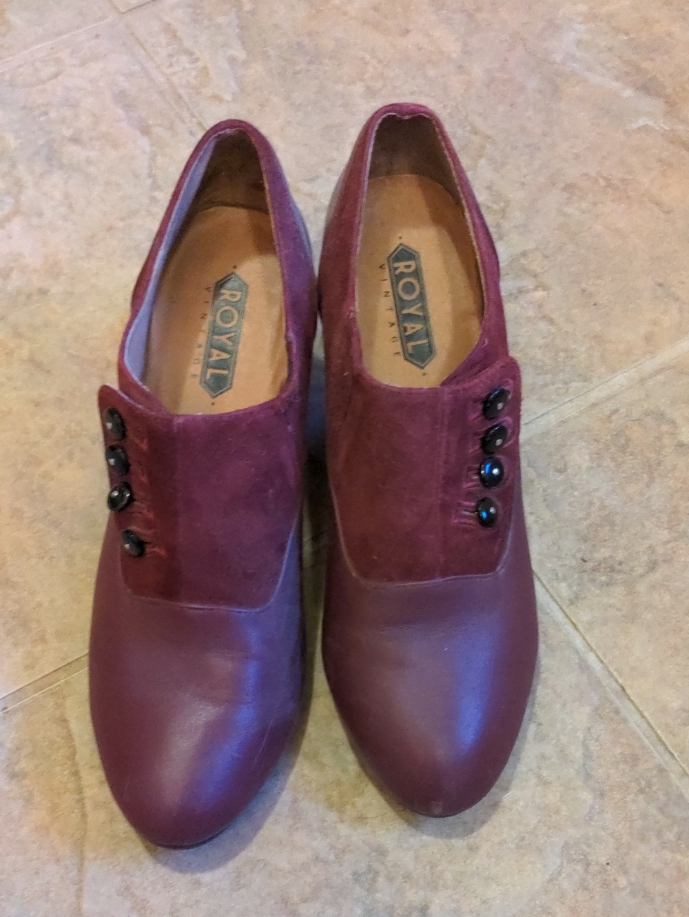 Women's Burgundy Buttoned Leather & Suede Heels
